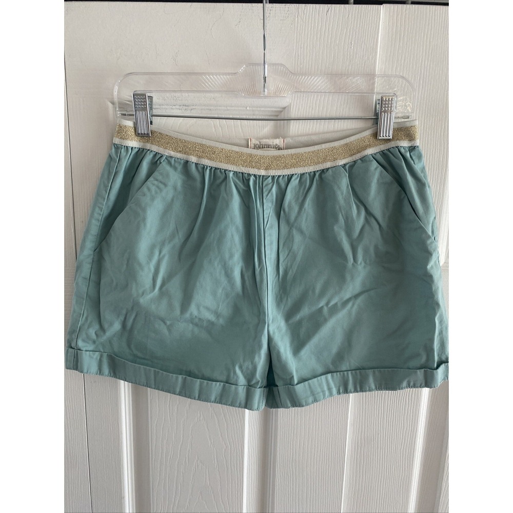 Johnnie B Boden Gold Sparkle Shorts Girls Size 14 Aqua Blue Cotton Twill Boden